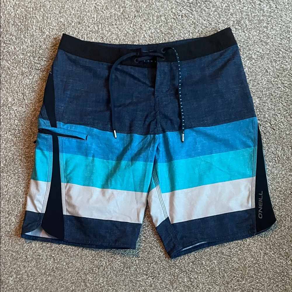 O'Neill Men's Striped Blue and White Board Shorts Size 32